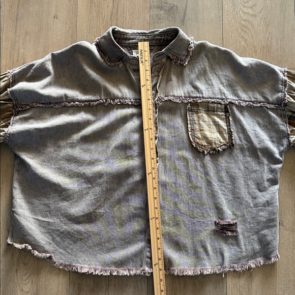 POL Plaid Patchwork Button-Up Jacket Size S Oversized Boho Slouchy Raw Hem - Picture 11 of 13
